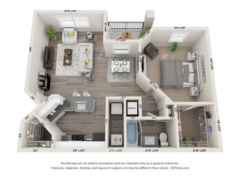 a 1 bedroom floor plan is shown in this rendering